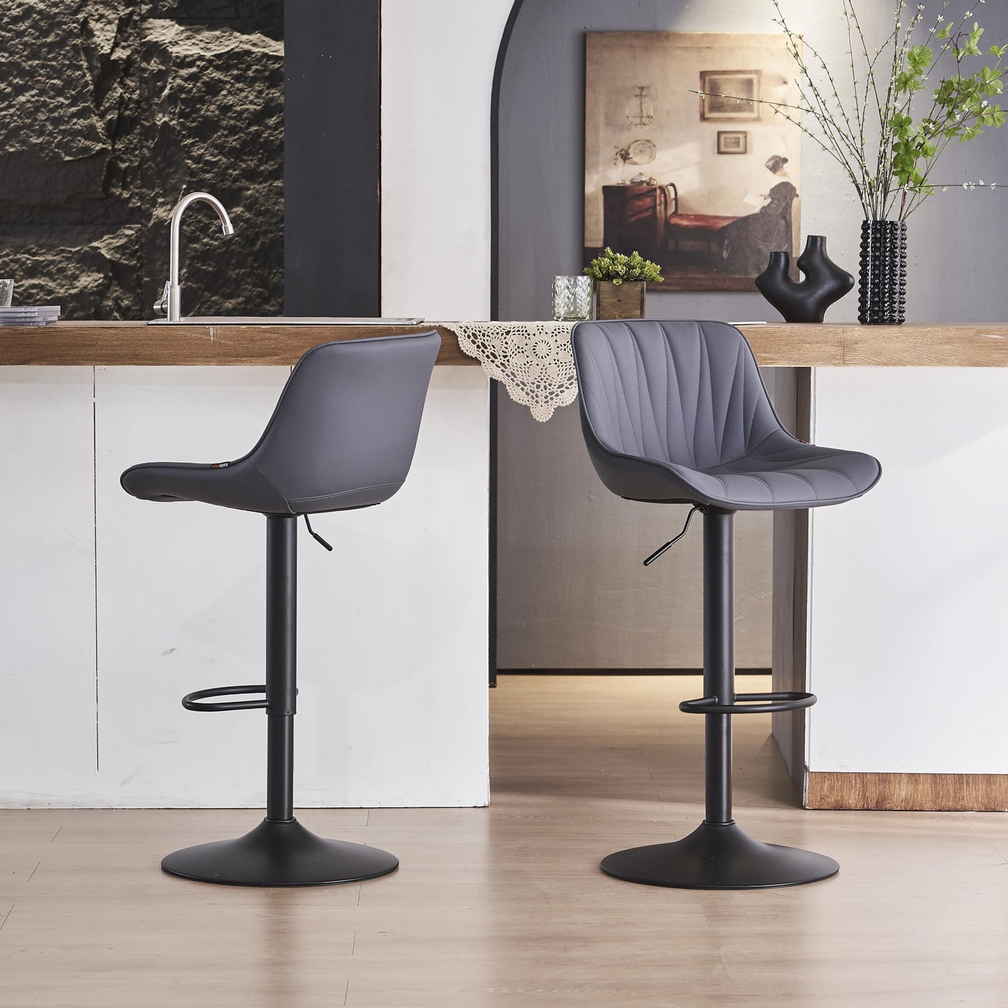 YOUNIKE Bar Stools Set of 2, Swivel Tall Barstools with Back, Adjustable Height Faux Leather Upholstered Modern Counter Height Bar Chairs