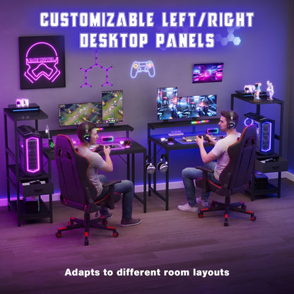 JUMMICO 120×60cm Gaming Desk with Power Outlet & LED Lights, Reversible L-Shaped Computer Desk with Monitor Stand, Storage Drawer & Shelves