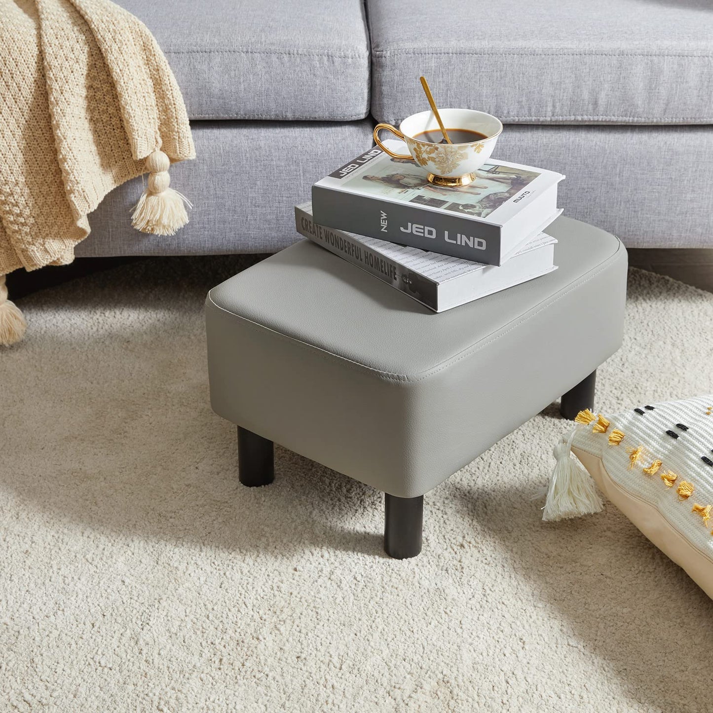 YMYNY 42CM Footstool, Rectangle Ottoman with Stable Wooden Legs, Modern PU Leather Footrest, Change Shoes Stool for Living Room