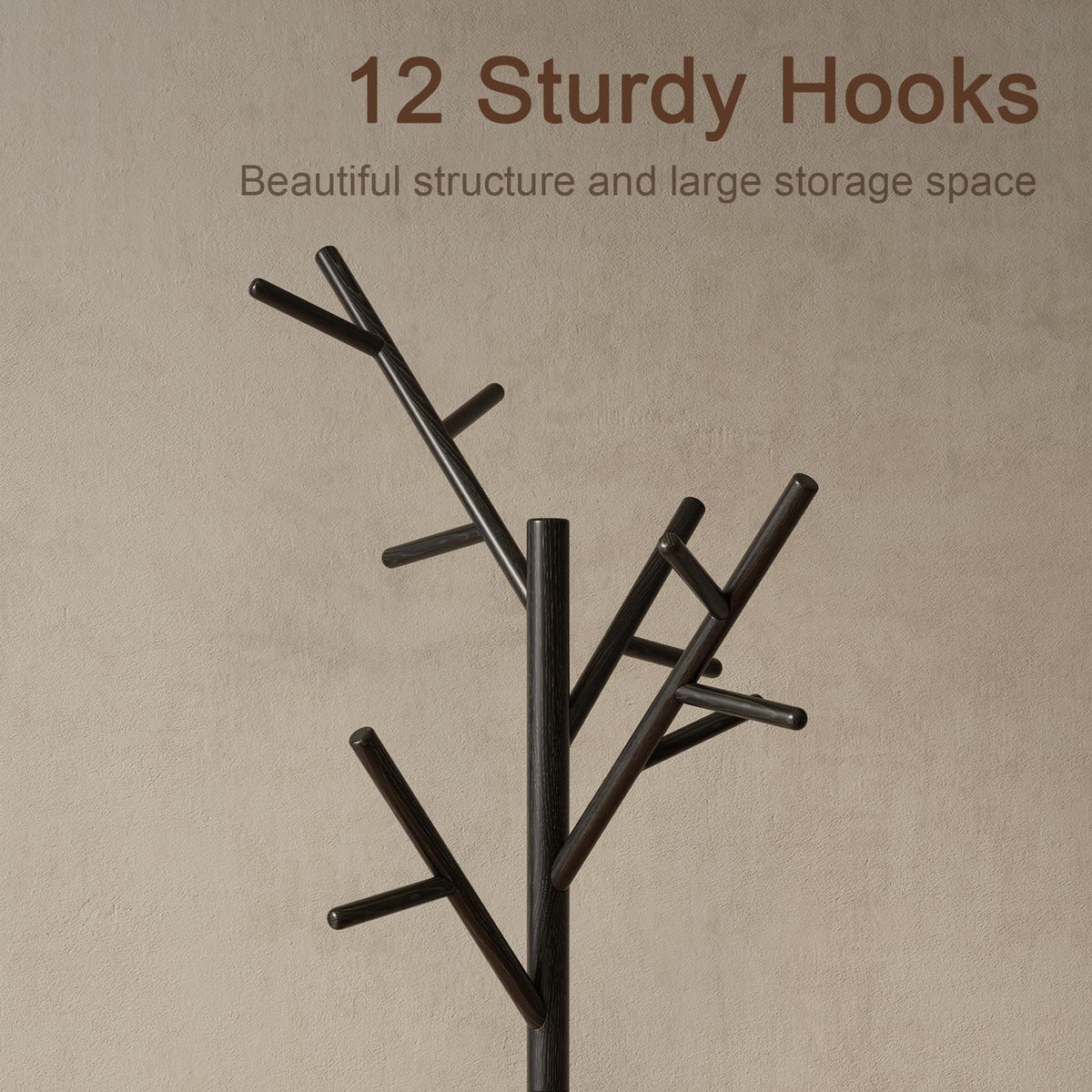 AQIMUELE Coat Stand, Wooden Coat Rack, Freestanding Stand with 12 Hooks, 3 Heights for Clothes, Hats, Bags, Coat Stands for Hallway, Small Space