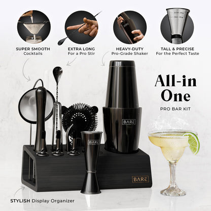 BARE BARREL Cocktail Making Kit | 14-Piece Bartender Kit Cocktail Shaker Set Maker | Bamboo Display Stand & 35 Recipe Cards | Mixology Cocktail Gift