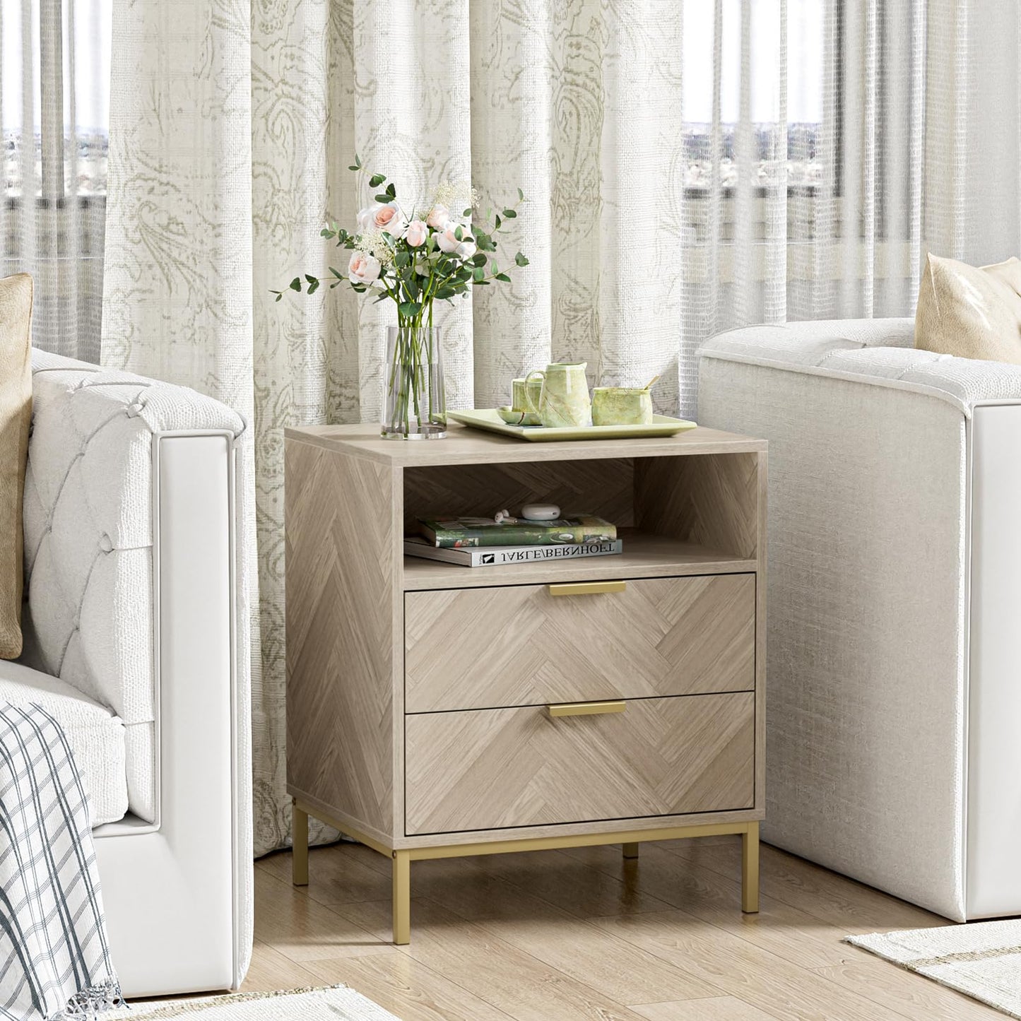 Yvsevnr Modern Bedside Tabls with Drawers Wood Bed Side Table for Bedroom Living Room Office Herringbone Small Chest of Drawers with Open Compartment