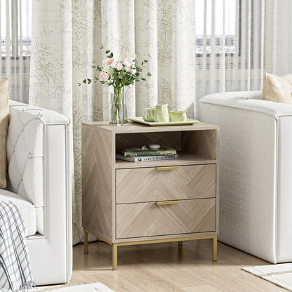 Yvsevnr Modern Bedside Tabls with Drawers Wood Bed Side Table for Bedroom Living Room Office Herringbone Small Chest of Drawers with Open Compartment