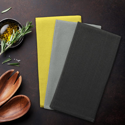 AmeliaHome Set of 3 tea towels, cotton, kitchen towels, 50 x 70 cm, waffle pique, waffle fabric, Letty, anthracite, grey, yellow