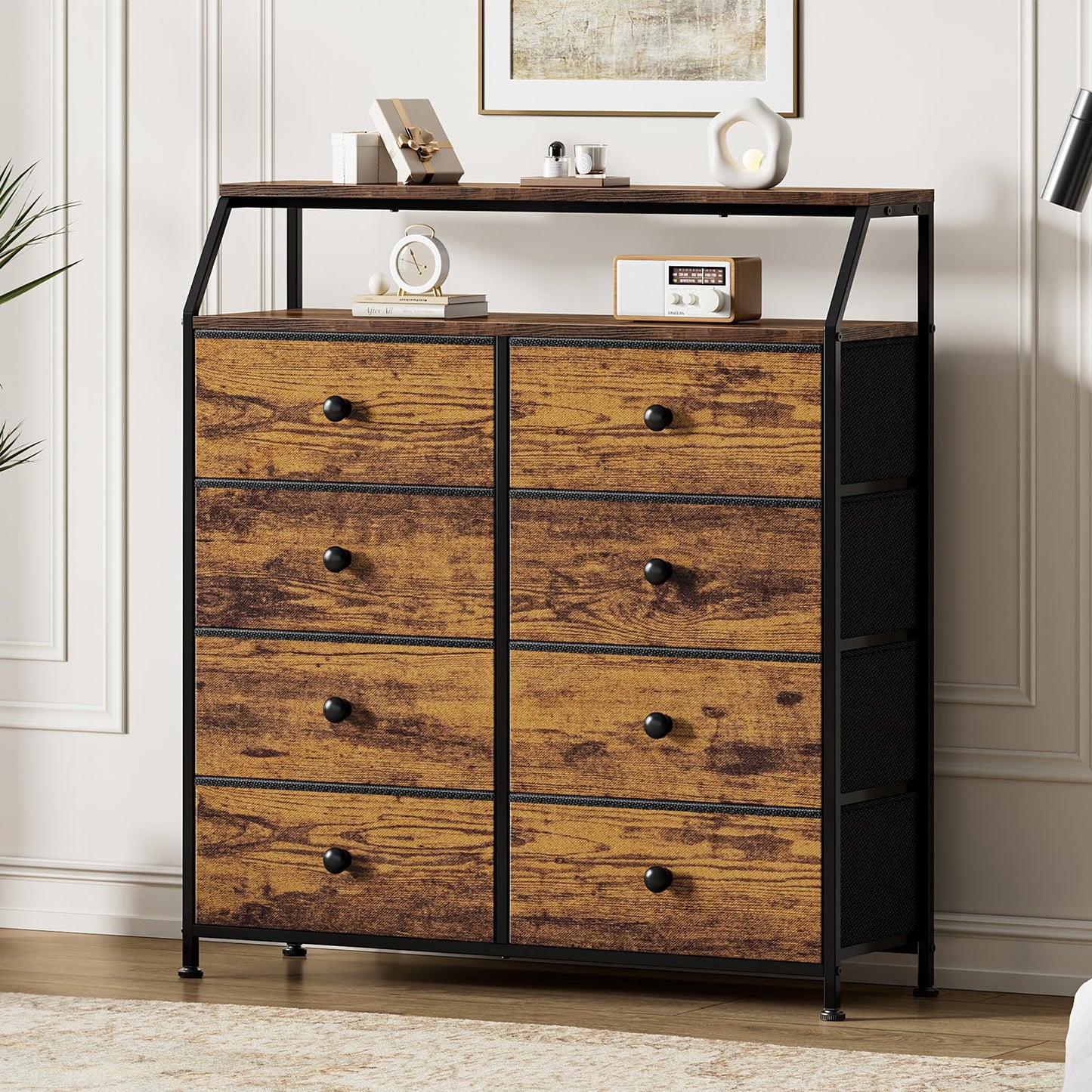 Mossora Chest of Drawers with 8 Drawers, Rustic Brown Dresser for Bedroom with Shelf and 2Pcs Wooden Top, Large Storage Organizer Unit for Closet,