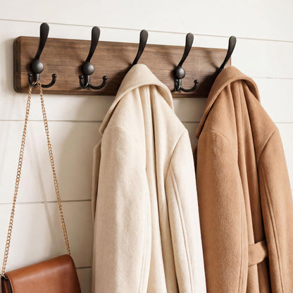 WEBI Coat Rack Wall Mount,Wood Coat Hooks Wall Mounted,16" Hole to Hole,Coat Hanger Wall,Hook Rack Rail,5 Triple Hooks for Hanging