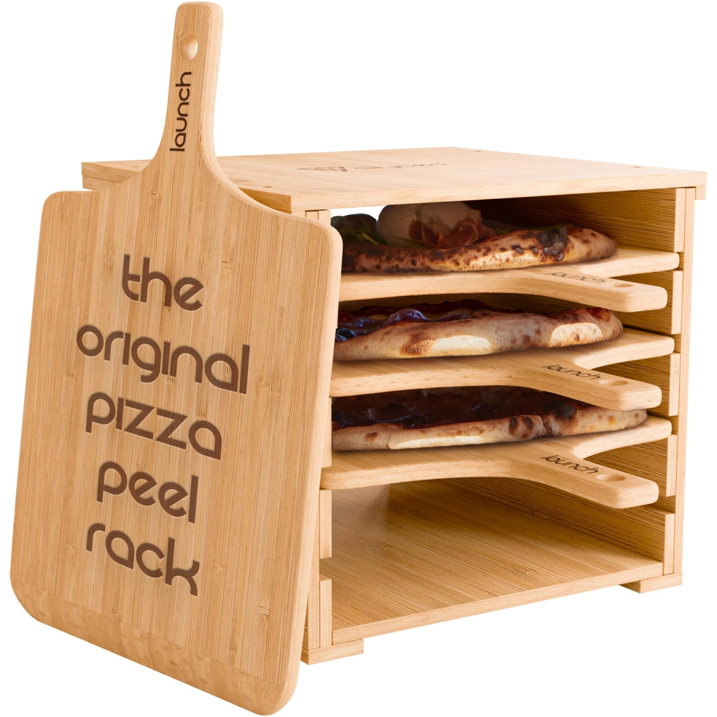 Slyced Wooden Pizza Peel Rack | Includes 4 x 12 Inch Non-Stick Bamboo Pizza Boards | Real Wood Pizza Paddle Stand | Innovative Design Allows You to