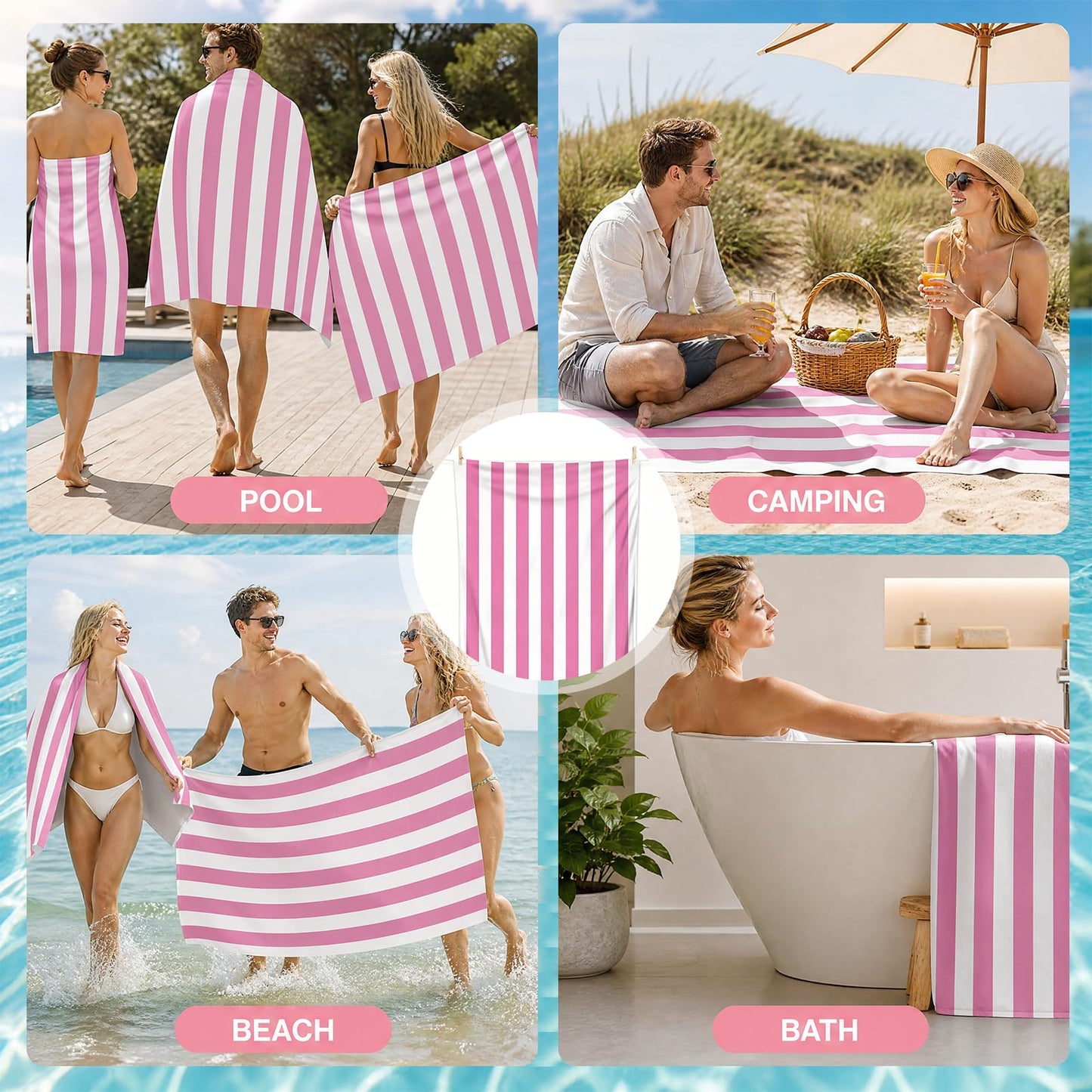 FunnAura Microfibre Beach Towel – 180x90cm Large Quick Dry & Sand Free Towel for Adults, Lightweight Compact Travel Beach Towel (Pink, 1PCS)