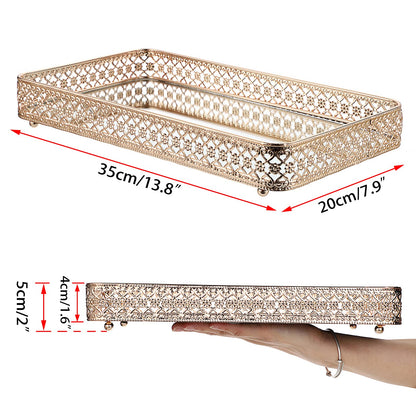 ELLDOO Gold Perfume Tray Mirror Tray Makeup Vanity Tray Hollow-Carved Jewelry Tray Glass Metal Trinket Storage Tray Home Organizer Decorative Tray