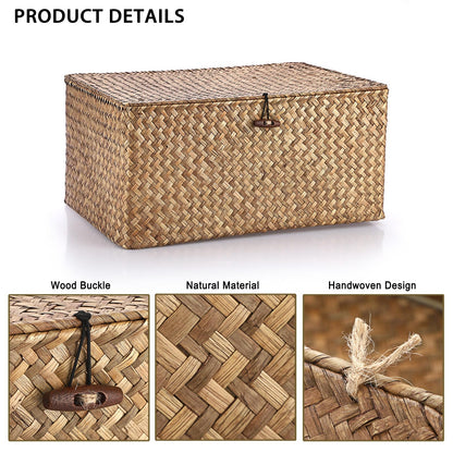 IGNPION Seagrass Storage Basket with Lid, Wicker Woven Shelf Basket, Coffee