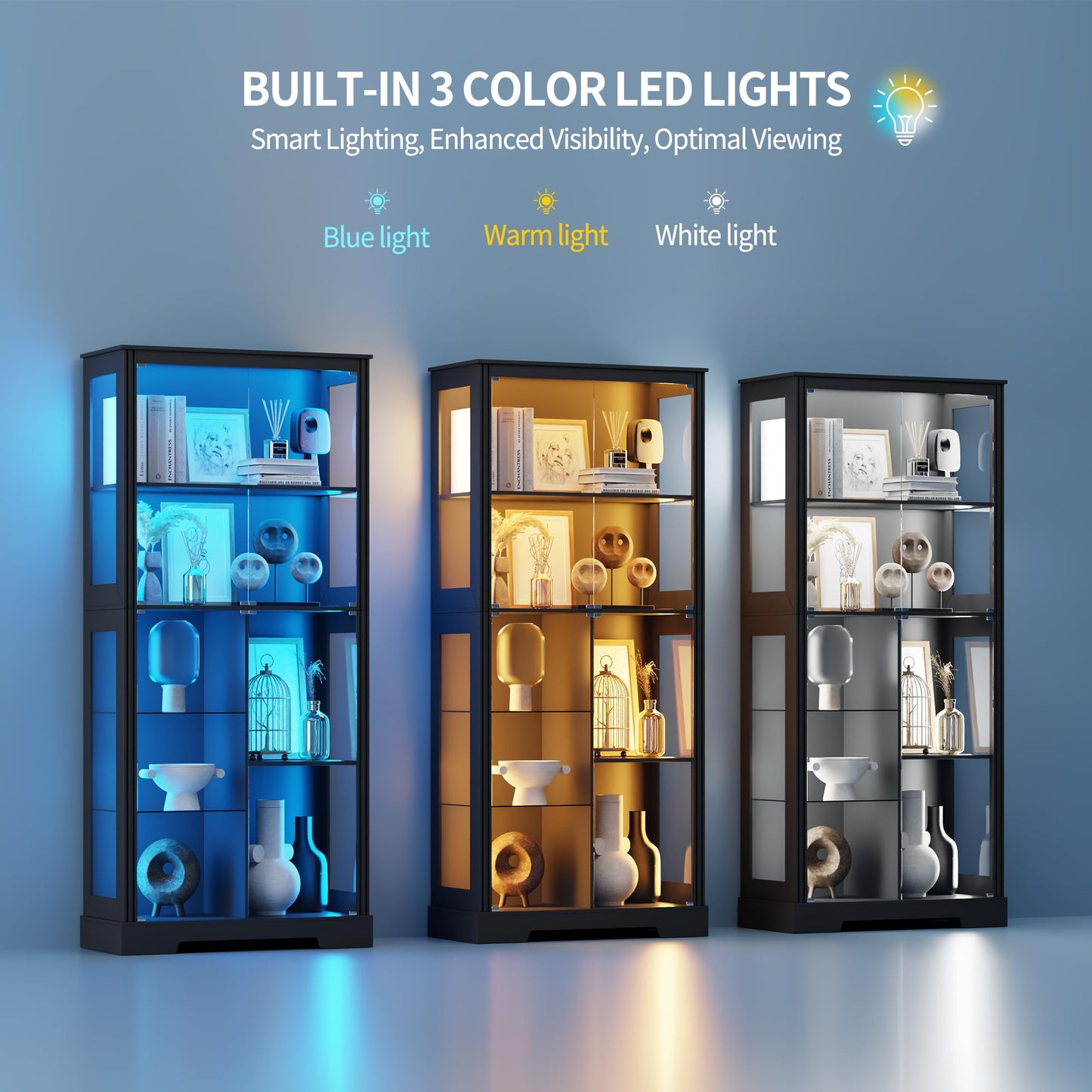 5-Tier Glass Display Cabinets with 3-Color Lighting, Lock & Human Sensor