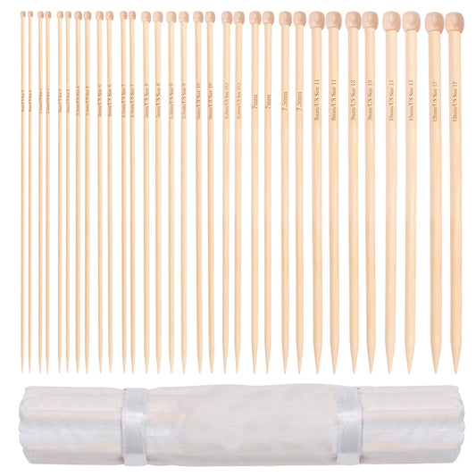 Curtzy Bamboo Knitting Needle Set - 16 Pairs of Wooden Straight Knitting Needles with Storage Case - Single Pointed in Sizes 2mm - 12mm - Each Needle