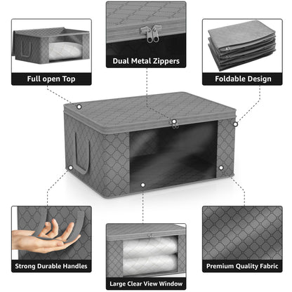 Sorbus Foldable Storage Bag Organizers, Large Clear Window & Carry Handles, Great for Clothes, Blankets, Closets, Bedrooms, and more (3-Pack, Gray)