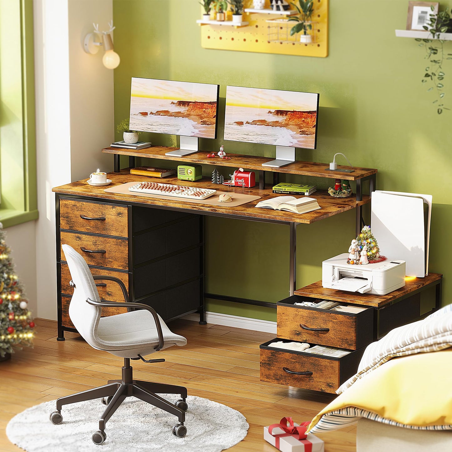 Flrrtenv 128cm Desk with Fabric File Cabinet, Computer Desk with Shelves and Drawers, Writing Table with Monitor Stand