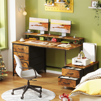 Flrrtenv 128cm Desk with Fabric File Cabinet, Computer Desk with Shelves and Drawers, Writing Table with Monitor Stand