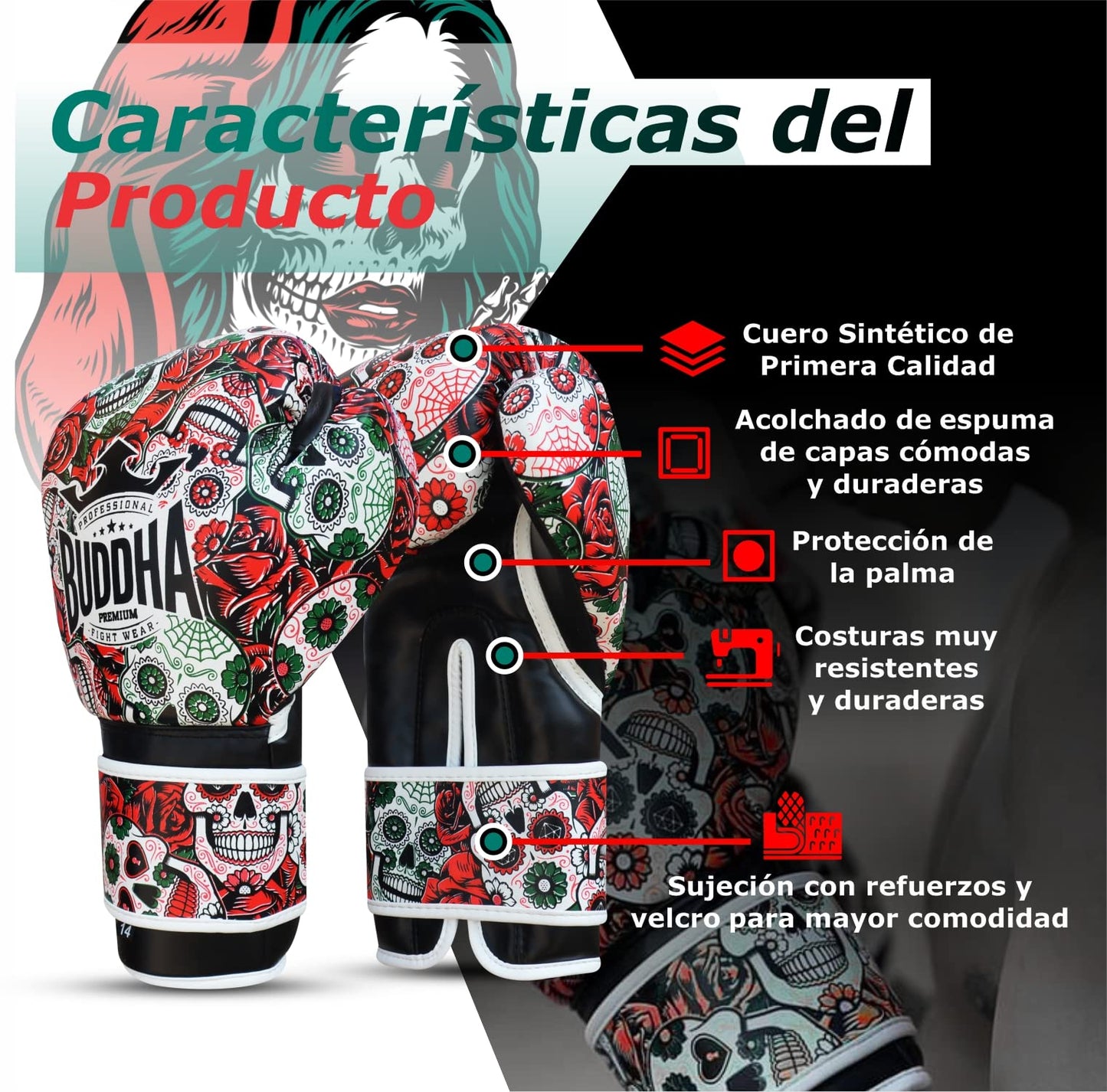 BUDDHA FIGHT WEAR - Mexican Boxing Gloves - Muay Thai - Kick Boxing Synthetic Leather - GS-3 Inner Padding - Impact Protection - Red Color - Size 14