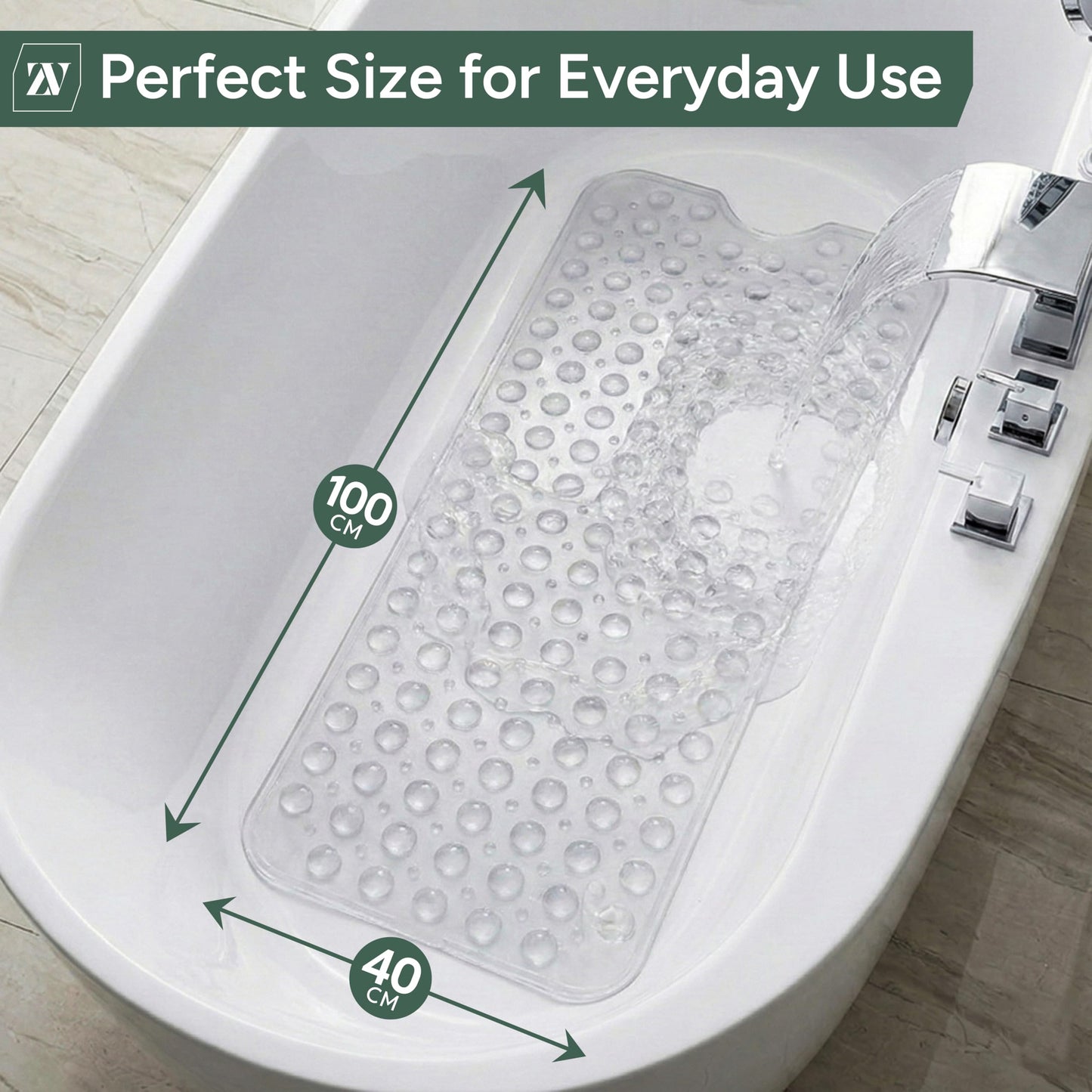 Zuvo Extra Long Bath Mat Non Slip Anti Mould, 100 x 40 cm, Clear