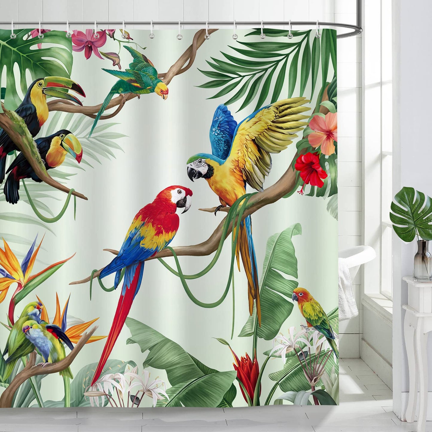 Bonhause Tropical Bird Shower Curtain Parrot Toucan Leaves Summer Bathroom Curtain 180 x 180 cm Waterproof Mildew & Mould Resistant Polyester Fabric