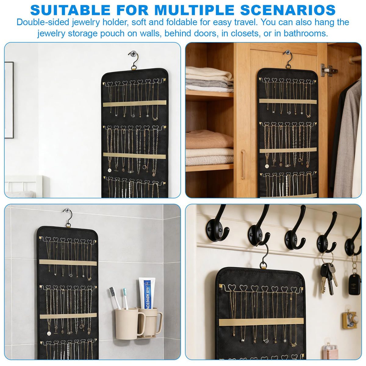 Rthynti Hanging Jewellery Organiser, Dual-Sided Jewellery Storage with Metal Hooks