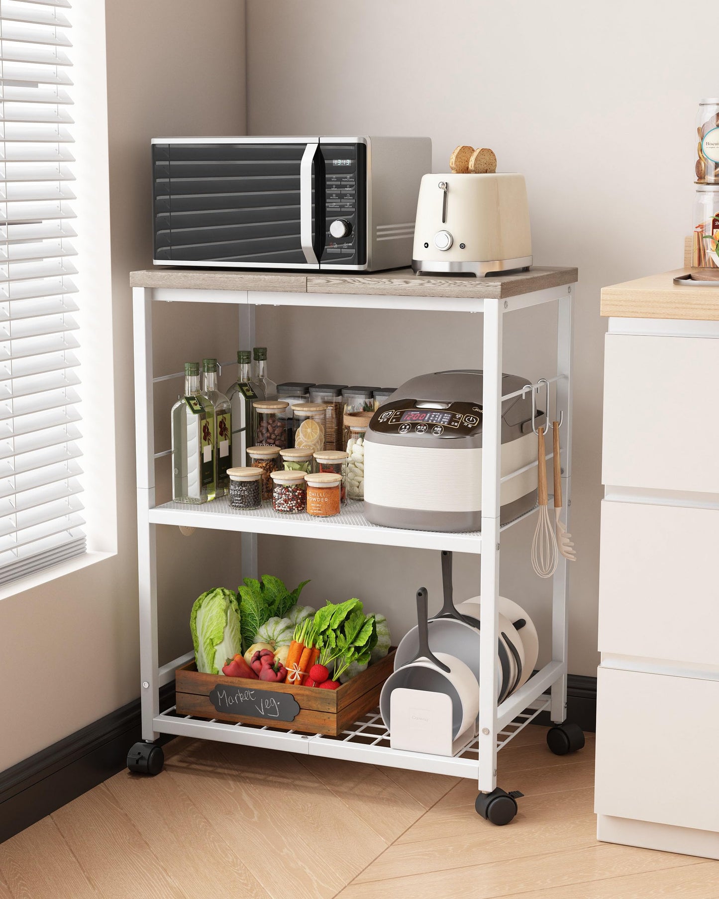 Ornestia 3 Tier Kitchen Trolley With Small Island for Storage(White)