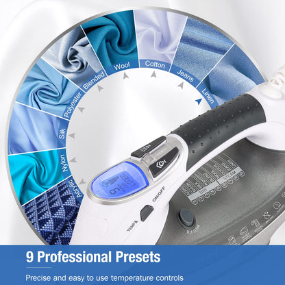 BEAUTURAL 2400 W Steam Iron with LCD Display, Variable Temperature and Double Ceramic Coated Soleplate, 8 ft Power Cord and 340ML Tank-White/Grey