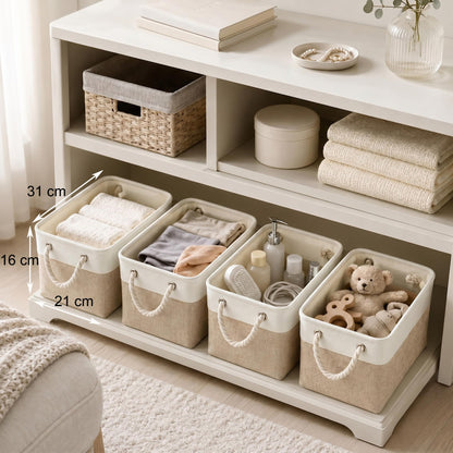 Mangata Storage Boxes, Small Fabric Storage Baskets with Rope Handles for Cupboards, Shelves, Wardrobe, Toys, Clothes (Foldable, Light Khaki White)