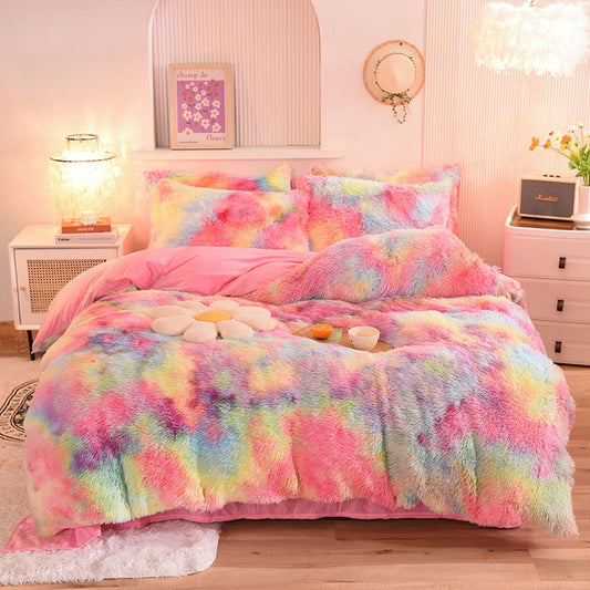 ZIQINPSQ Plush Shaggy Duvet Cover Set,Tie Dye Faux Fur Bedding Set for Teens Girls Soft Velvet Fluffy Fuzzy Comforter Cover Bed Set (Pink, Double)