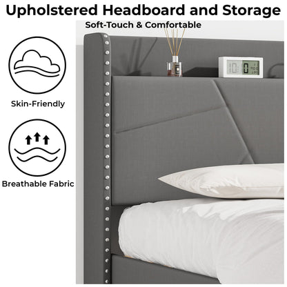 IRONCK 5ft King Size Bed Frame with Charging Station, Bed Frame King with Upholstered Storage Headboard, Sturdy Wooden Slat Support