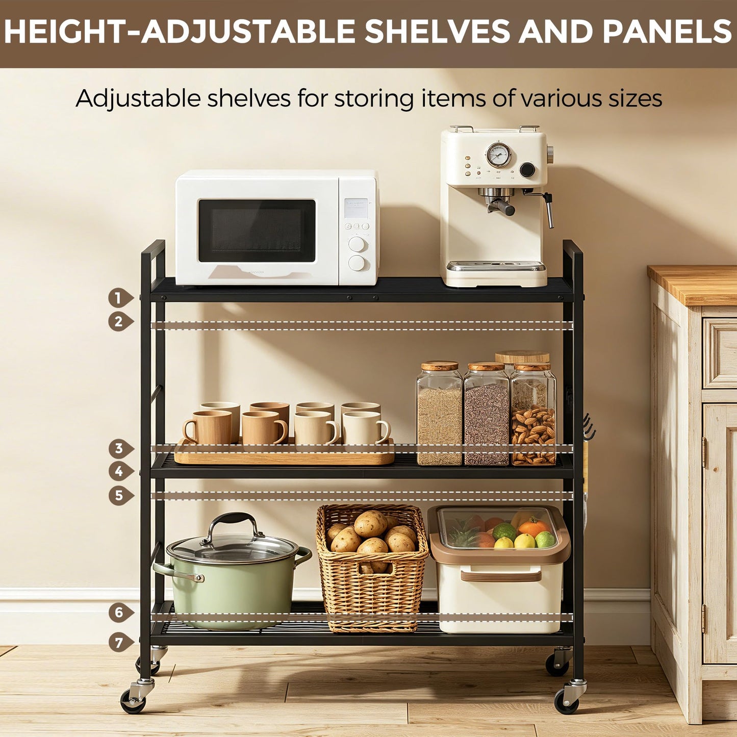3-Tier kitchen trolley,Black Wood Top,80W×30Dcm,4 Hooks, Adjustable Shelves
