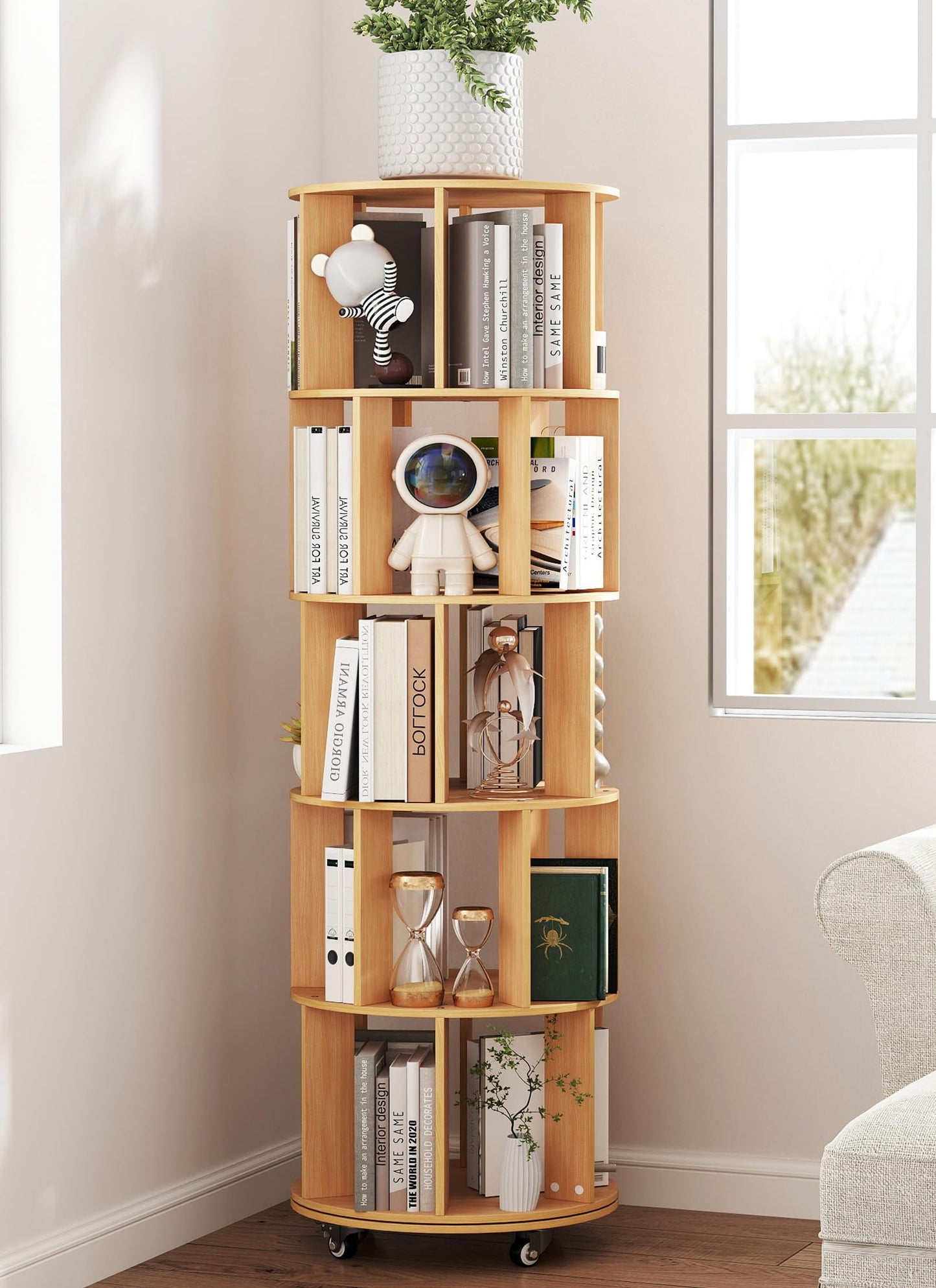 Suuiwau 5 Tier Rotating Bookshelf, 360° Revolving Bookcase with Wheels