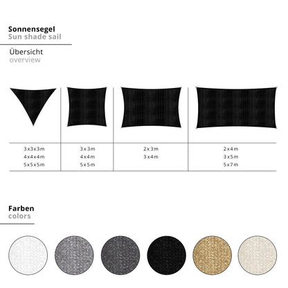 Lumaland Sun sail square 3 x 3 metres | Weatherproof sun protection incl. fastening ropes | Terrace, garden & balcony shade provider made of HDPE sail