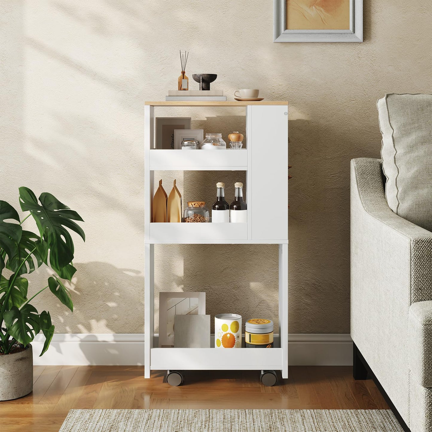 HOOBRO 4-Tier Slim Storage Trolley, 40 x 15 x 85.5 cm, Narrow Kitchen Trolley with 4 Lockable Swivel Casters, Storage Cart for Small Spaces, Kitchen
