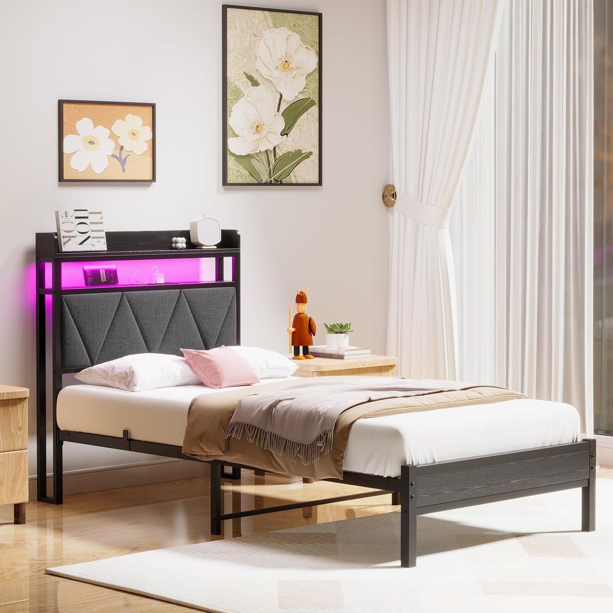 HAHRIR Single Bed Frame with 3ft Upholstered Wooden Storage Headboard, Grey