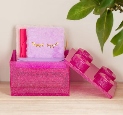 Room Copenhagen LEGO Storage Brick 4 Knobs Glitter Medium Violet - Stackable Plastic Storage Box with Lid for Kids and Adults Desk Organizer and Toy