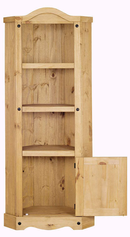 Corona Corner Display Unit Bookcase Cabinet Mexican Solid Pine with Wax Finish Black Metal Hardware W74 x D37 x H188 cm
