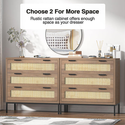 Yvsevnr Rattan Dresser for Bedroom Drawers for Clothes, Anti-Tipping, Wooden Closet Dressers Large Nightstand Bedside Storage Cabinet Unit with Metal