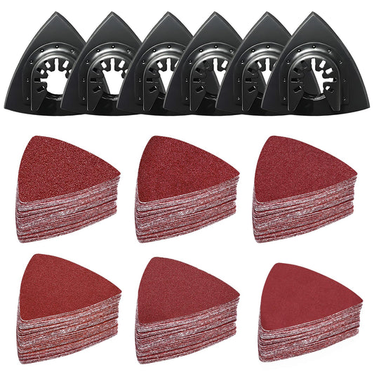 156Pcs Multi Tool Sanding Pad Kit, 6Pcs Triangle Sanding Pads, 150Pcs multitool sanding pad, 40/60/80/120/180/240 Grits Hook & Loop Multitool