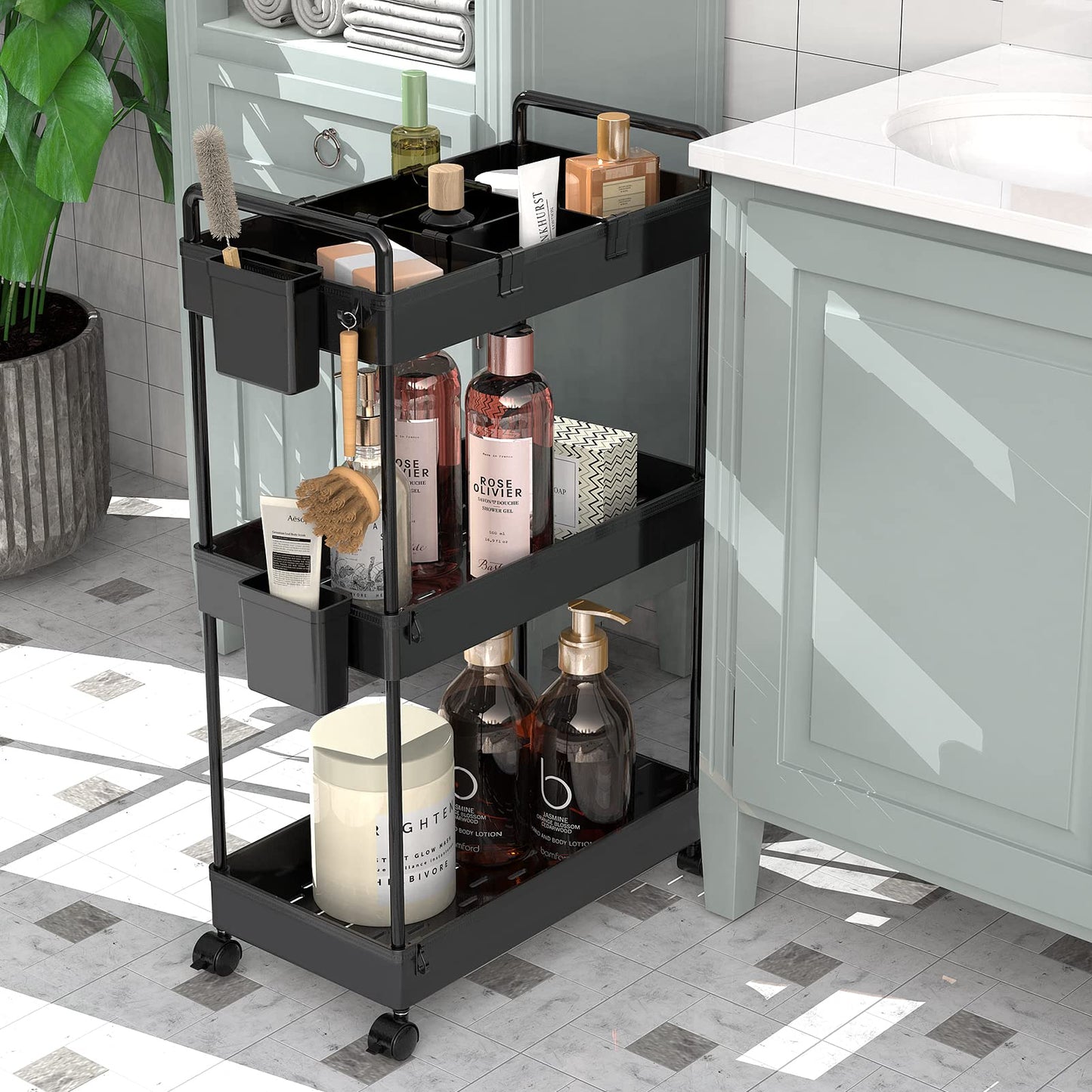 Ronlap Slim Storage Trolley, 3 Tier Rolling Cart Storage Organizer, Utility Rolling Cart with Handle Hanging Cups Dividers for Office Bathroom