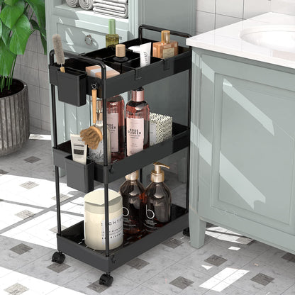 Ronlap Slim Storage Trolley, 3 Tier Rolling Cart Storage Organizer, Utility Rolling Cart with Handle Hanging Cups Dividers for Office Bathroom