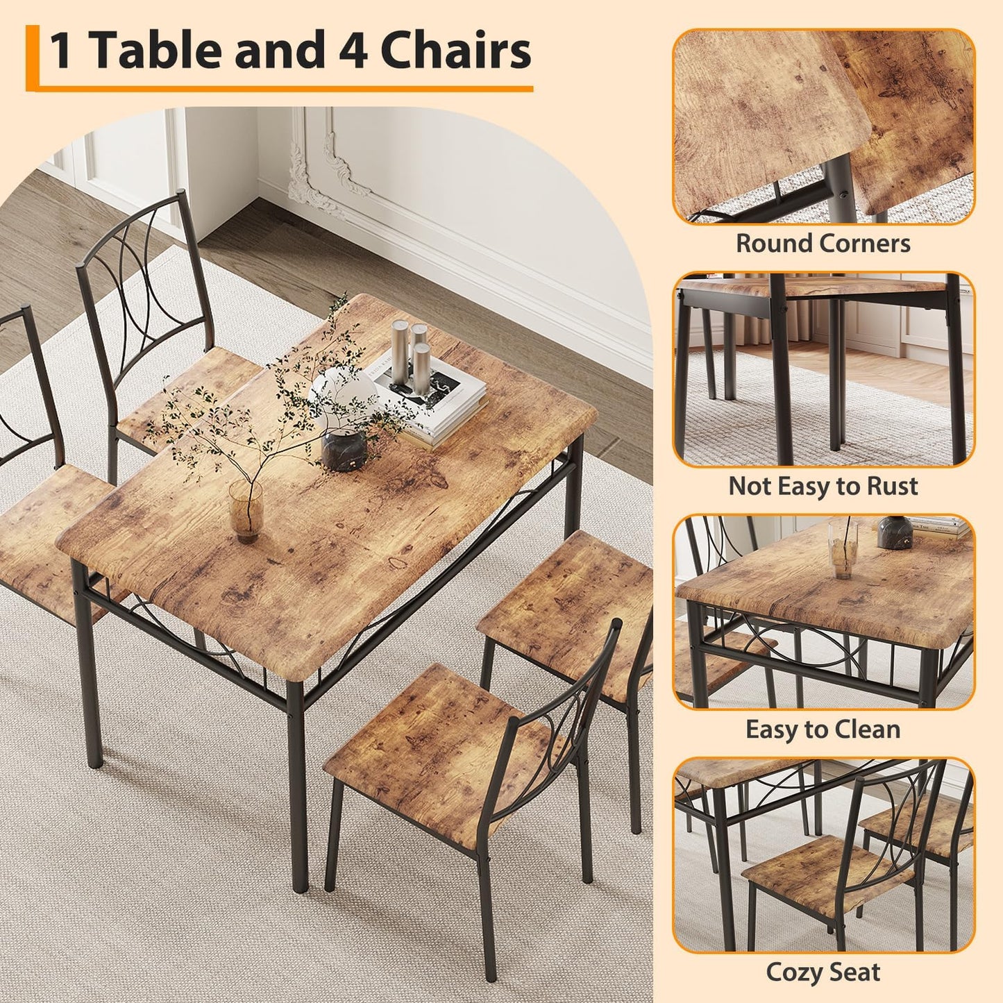 Dining Table and 4 Chairs Set, 5-Piece Kitchen Table Set with Heavy Duty Metal Frame, Space Saving Furniture for Small Dining Room, Apartment
