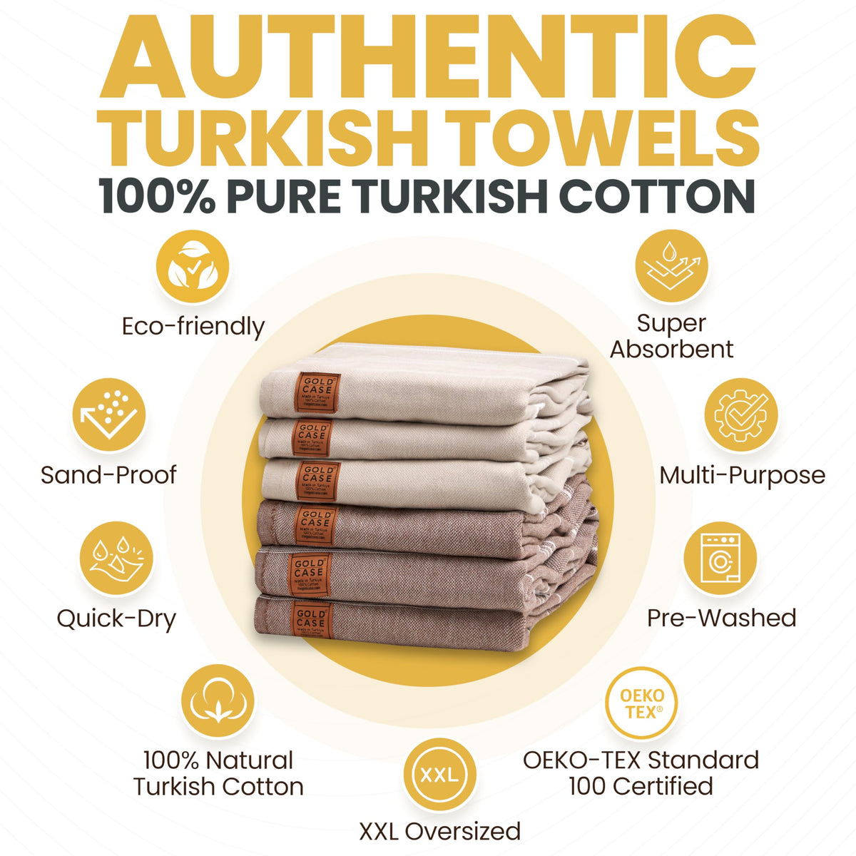 Gold CASE Turkish Beach Towel - Set of 6-100% Cotton - 70x38 inches XXL Oversized - PRE-Washed - Quick Dry Sand Free Turkish Towel