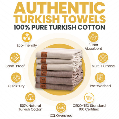 Gold CASE Turkish Beach Towel - Set of 6-100% Cotton - 70x38 inches XXL Oversized - PRE-Washed - Quick Dry Sand Free Turkish Towel