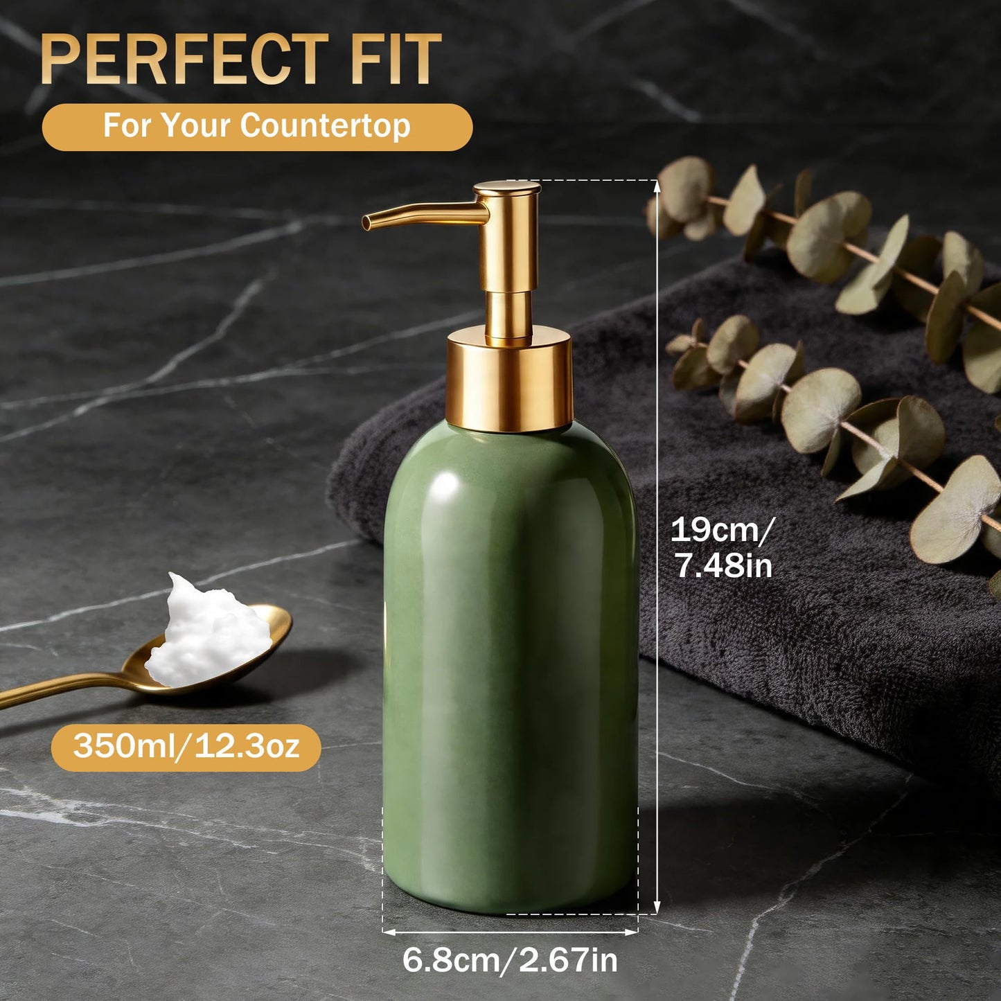 Hejo 350ml Ceramic Soap Dispenser with Matte Gold Pump, Refillable Liquid Hand Wash Soap Dispenser for Laundry Room, Bathroom & Kitchen (Green)