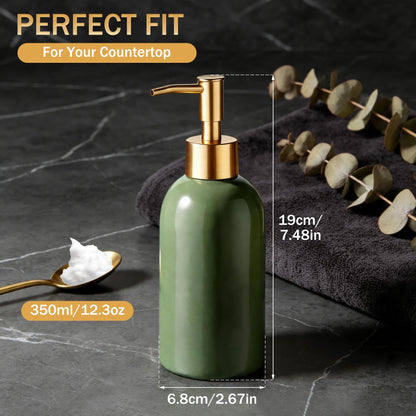 Hejo 350ml Ceramic Soap Dispenser with Matte Gold Pump, Refillable Liquid Hand Wash Soap Dispenser for Laundry Room, Bathroom & Kitchen (Green)