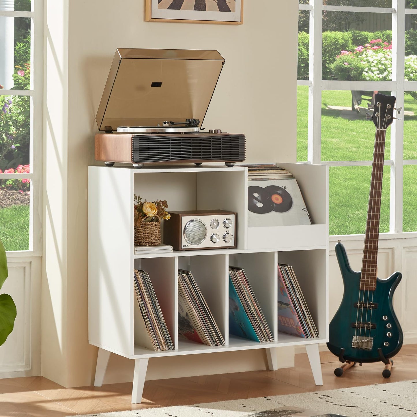 LELELINKY Large Vinyl Record Stand with 4 Shelves, Retro Style Turntable Stand for Up to 300 Albums, Record Player Stand with Shelf and Open Display