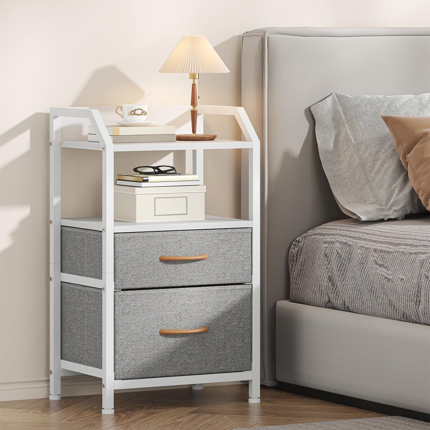 Feonase Bedside Table with 2 Fabric Drawers & Open Shelf - Sturdy Metal Frame Nightstand, Compact End Table for Bedroom, Living Room, Small Spaces