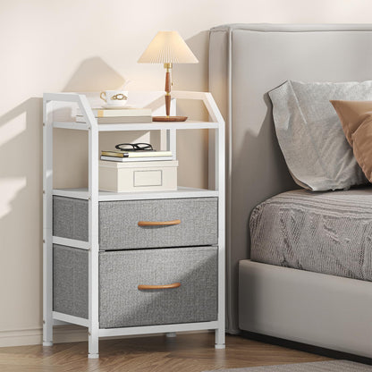 Feonase Bedside Table with 2 Fabric Drawers & Open Shelf - Sturdy Metal Frame Nightstand, Compact End Table for Bedroom, Living Room, Small Spaces