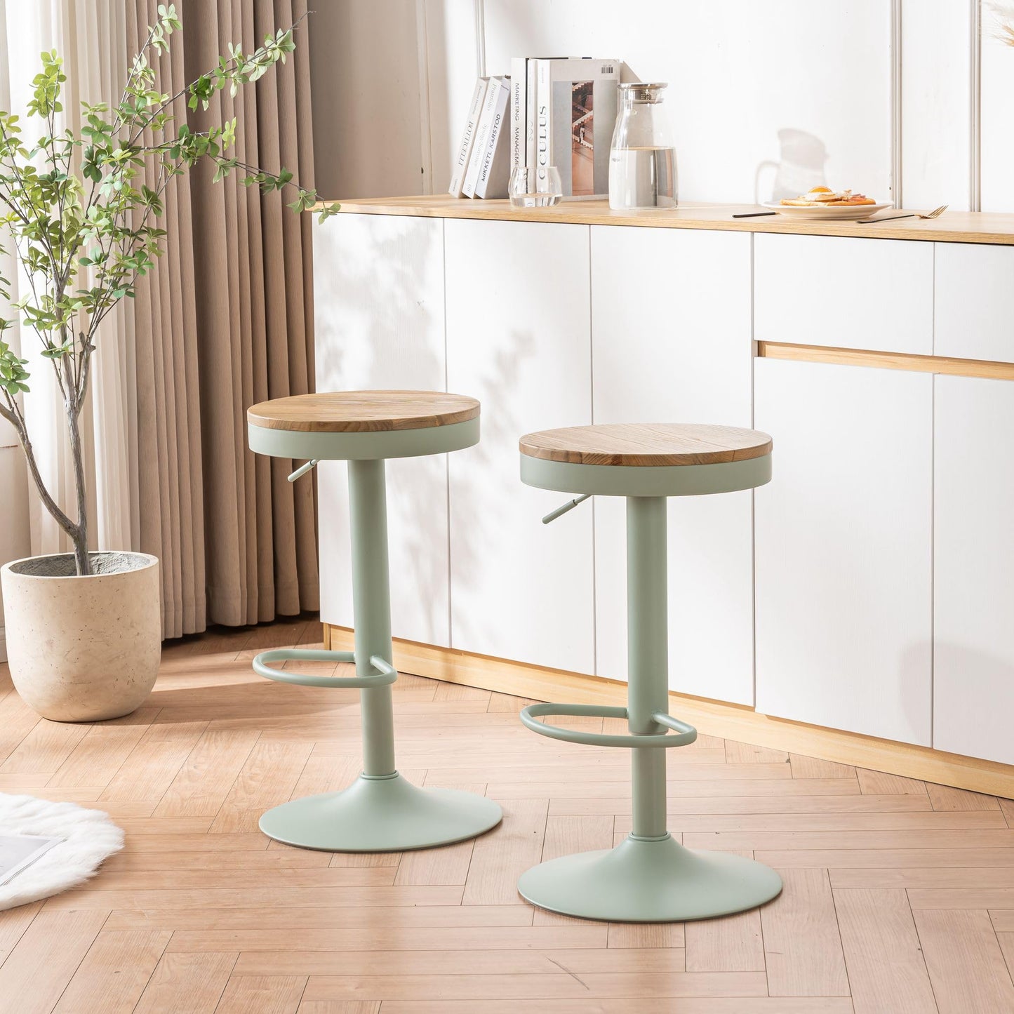 YOUNIKE Bar Stools, Solid Wood Counter Height Barstools Set of 2, Vintage High Adjustable 360° Swivel Metal Bar Chairs, Breakfast Kitchen Stools