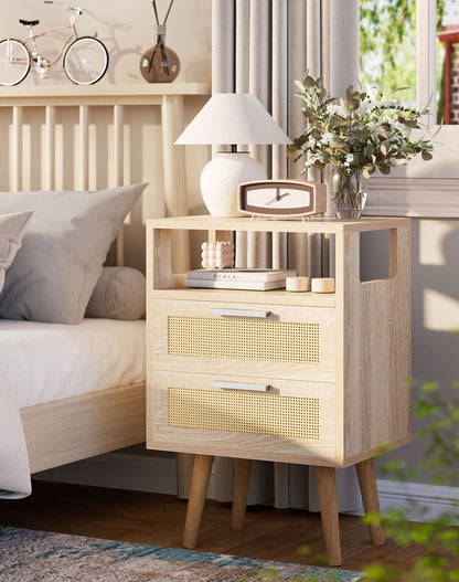 YMYNY Nightstand with 2 Drawers, Boho Side Table, Handmade Rattan Decorated, Open Shelf Unit with Arched Design, Solid Wood Legs