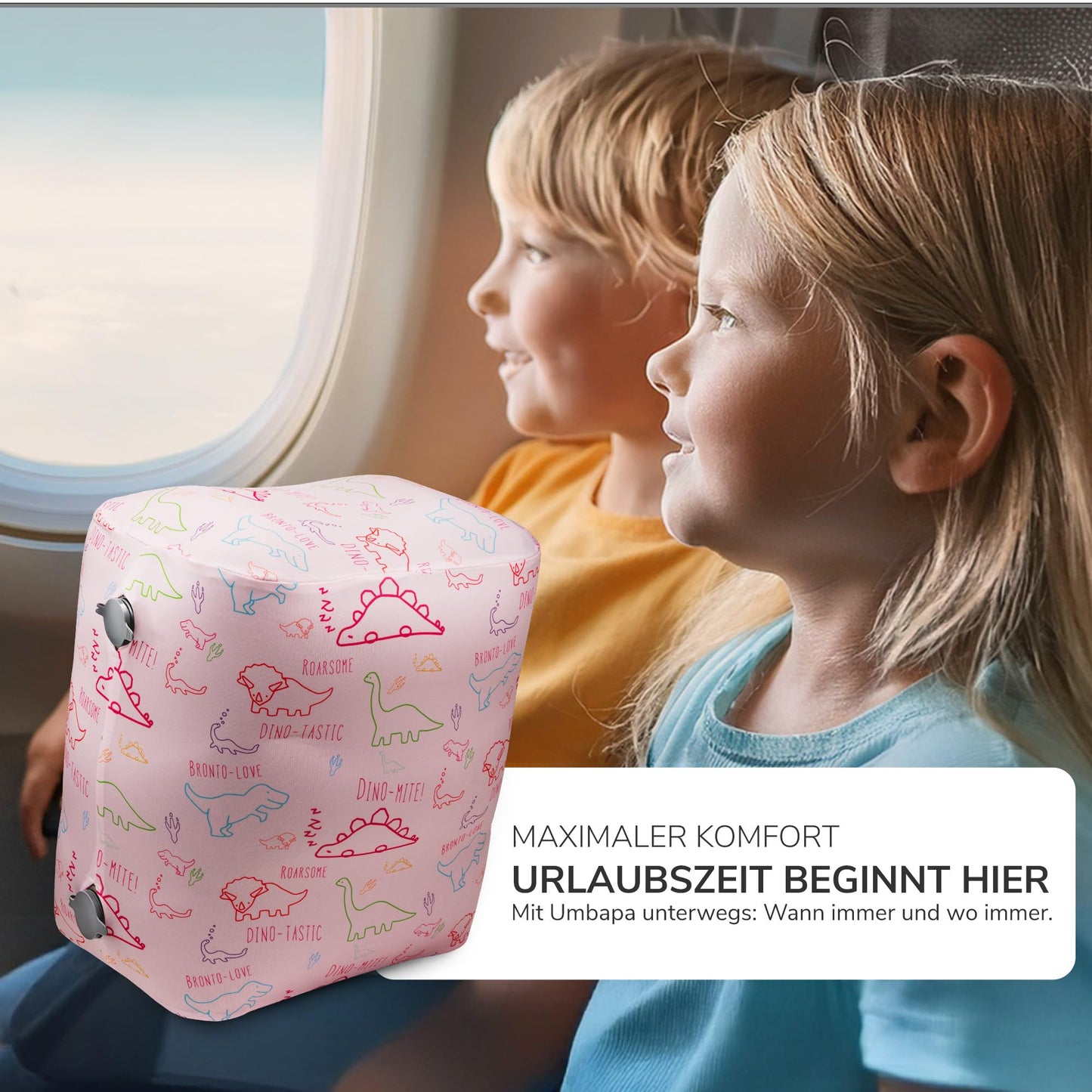 Children's Footrest Set - Inflatable Footrest + Dino Blossom Cover | for Air Travel, Car & Train | Super Soft, Washable & Compact